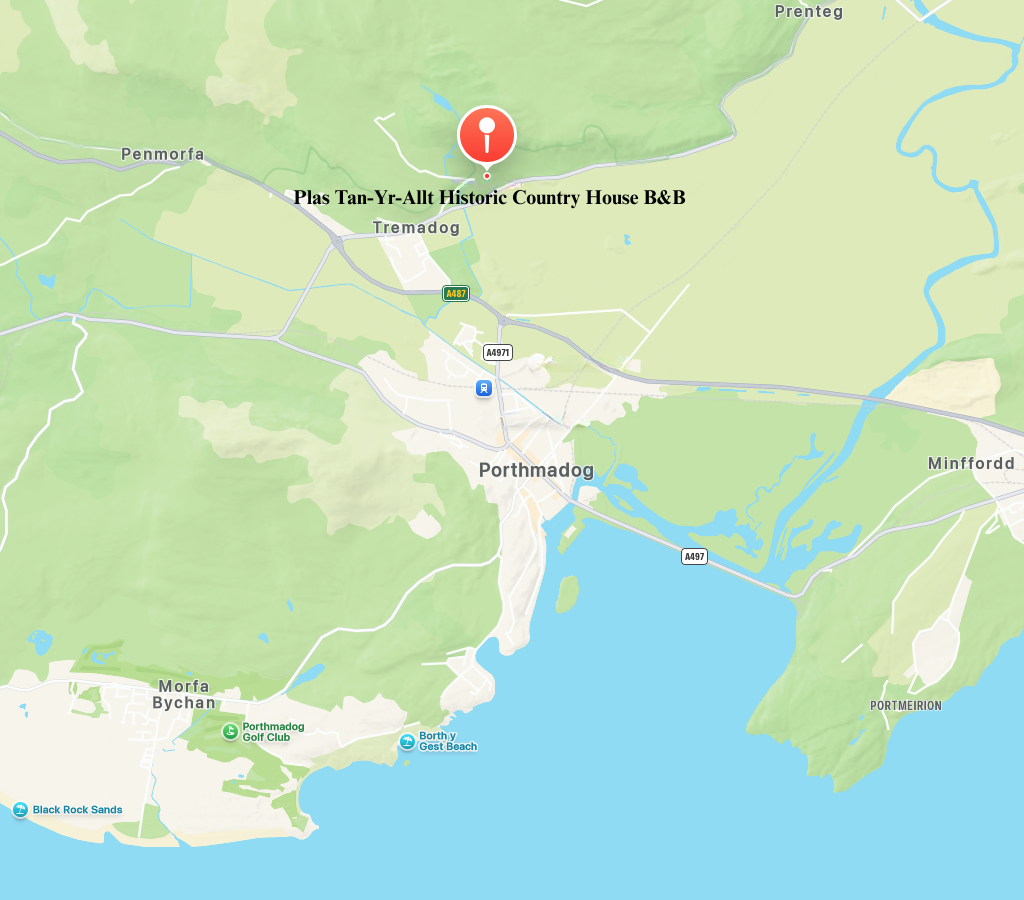 Apple Map for Plas Tan-Yr-Allt - 5-Star luxury, literary & historic Country House B&B in Tremadog, Porthmadog, Snowdonia.